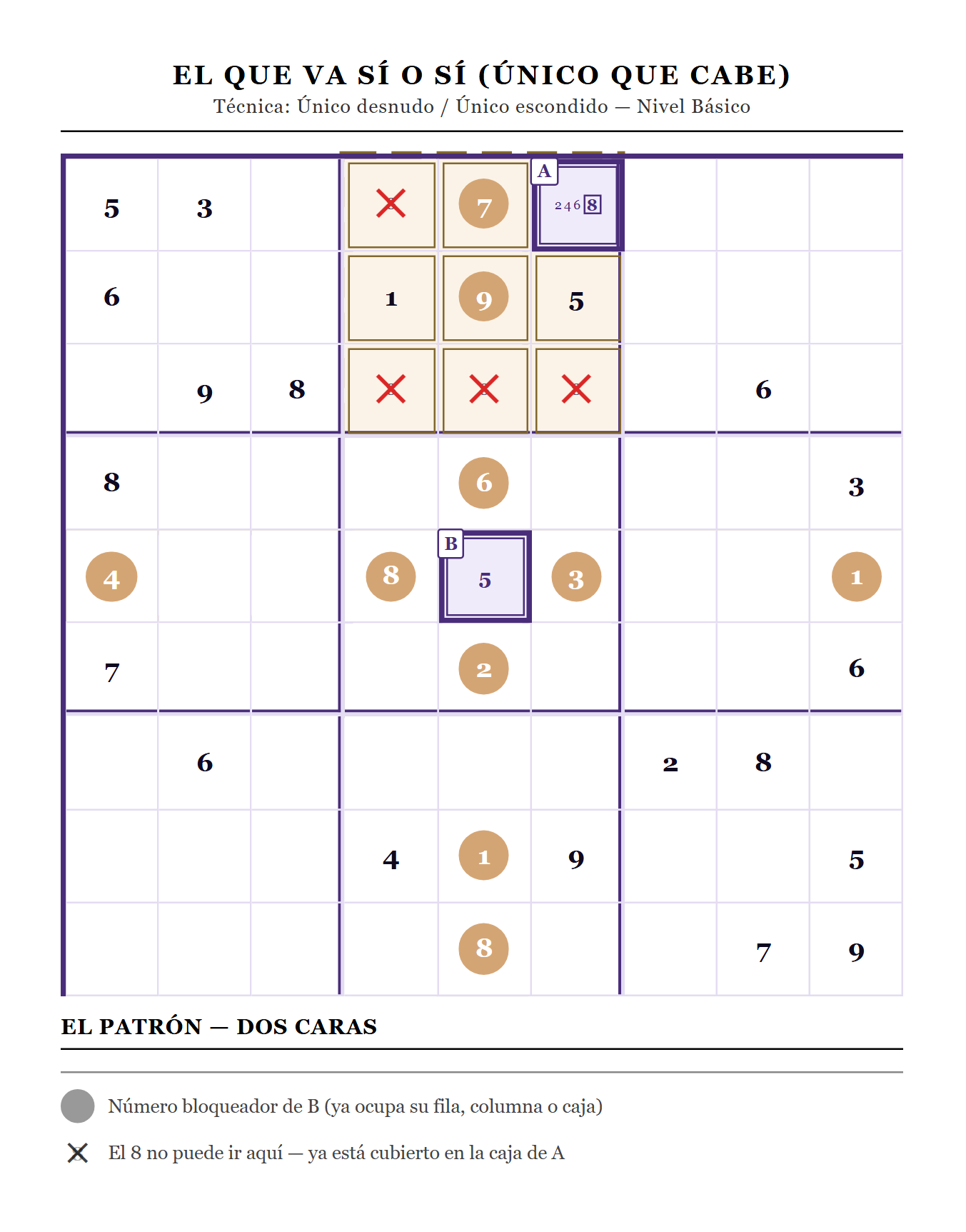 Diagrama a color de la técnica Single (único desnudo y único escondido) en un sudoku 9x9, con las casillas protagonistas resaltadas